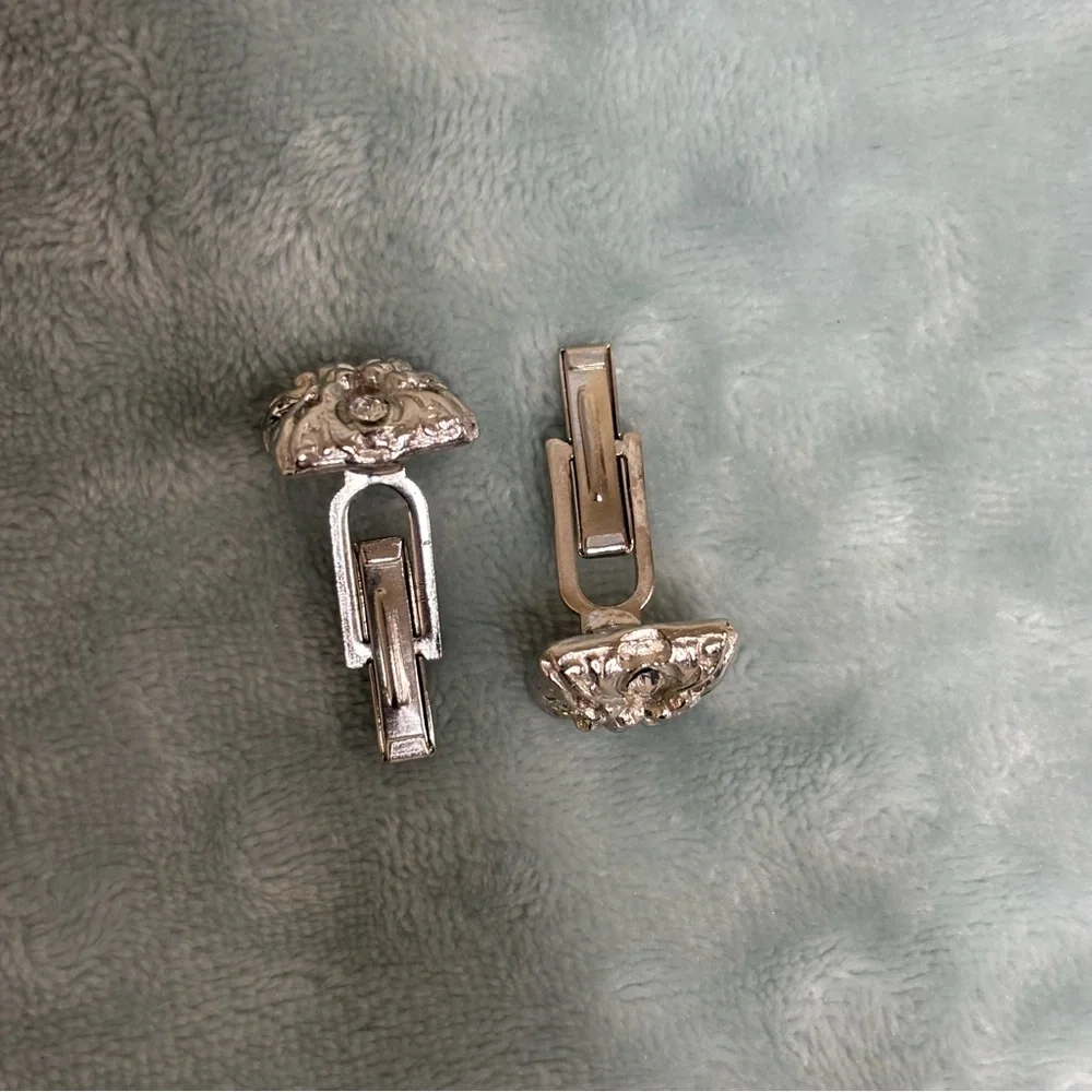 Vintage Silver-Tone Cufflinks Textured Hammered Surface Clear Rhinestones MCM